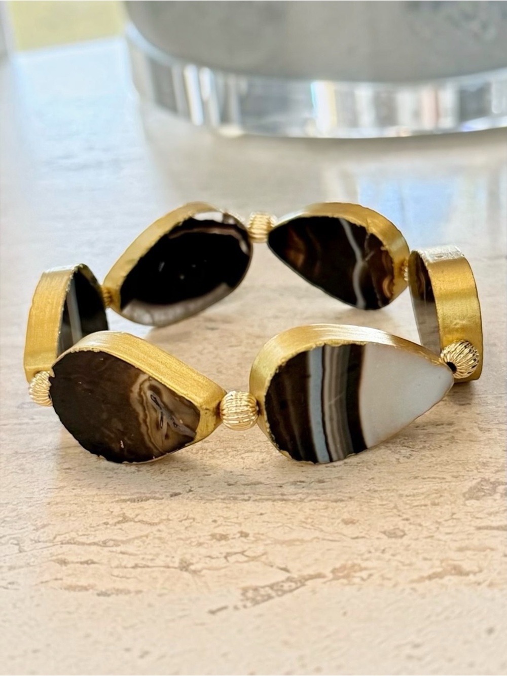 Hand Crafted Natural Black Agate and 14K Gold Teardrop Bead Bracelet